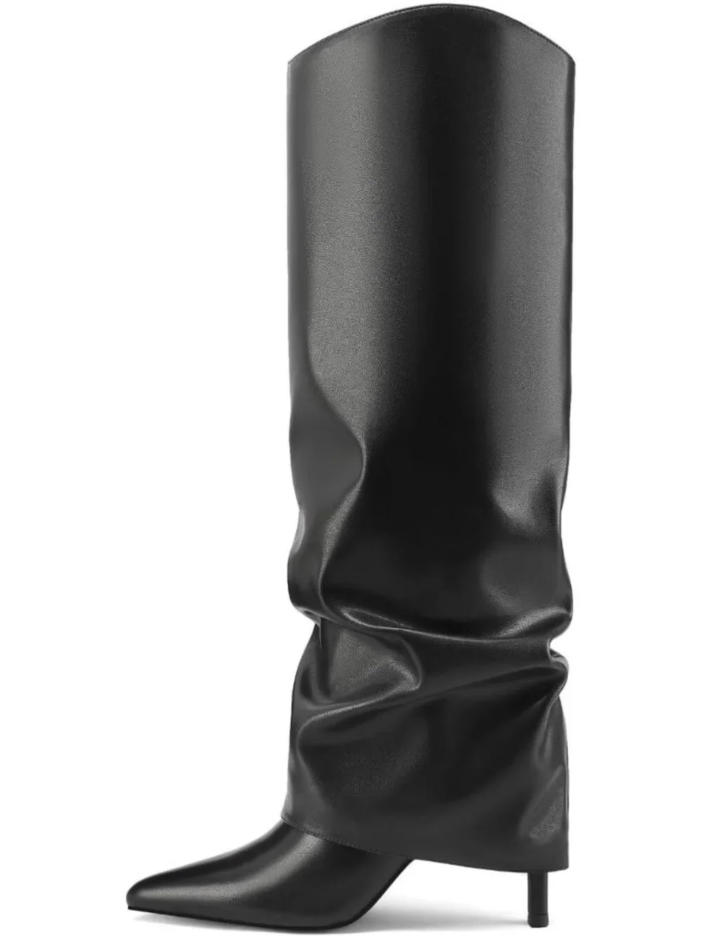 Women's Black Stiletto High Heels Pointed Toe Fold Over Knee High Boots